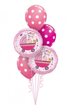 Ballonbouquet "Geburt" mit Kinderwagen, rosa (heliumgefüllt)