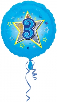 Folienballon  "3", Blau mit Glitzereffekt (heliumgefüllt)