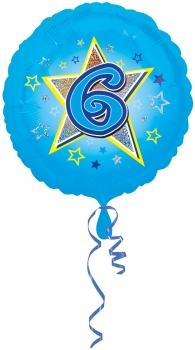 Folienballon  "6", Blau mit Glitzereffekt (heliumgefüllt)