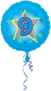 Folienballon "9", Blau mit Glitzereffekt (heliumgefüllt)