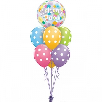 Ballonbouquet Geburt - Bubble-Ballon "Welcome Baby" mit 6 Latexballons (heliumgefüllt)