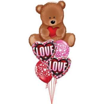 Ballonbouquet "Teddy mit Herzen" (heliumgefüllt)