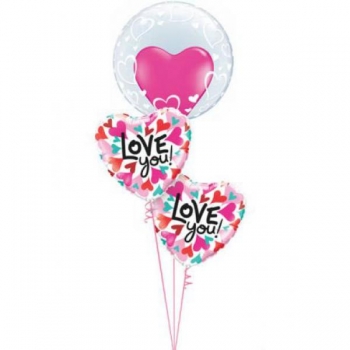 Ballonbouquet "Doppel-Bubble mit Herz-Folienballons" (heliumgefüllt)