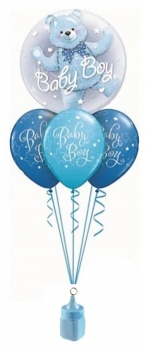 Ballonbouquet "Geburt" mit Doppel-Bubble, blau (heliumgefüllt)
