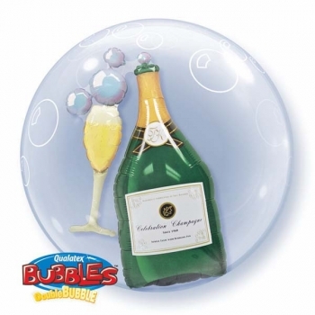 Doppel-Bubble-Ballon "Champagner-Flasche mit Glas" (heliumgefüllt)